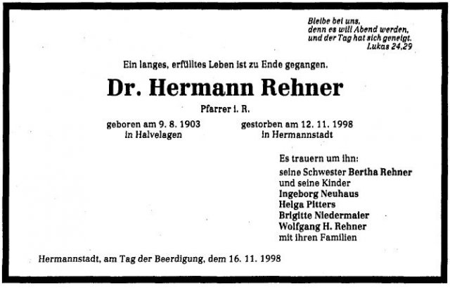 Rehner Hermann 1903-1998 Todesanzeige